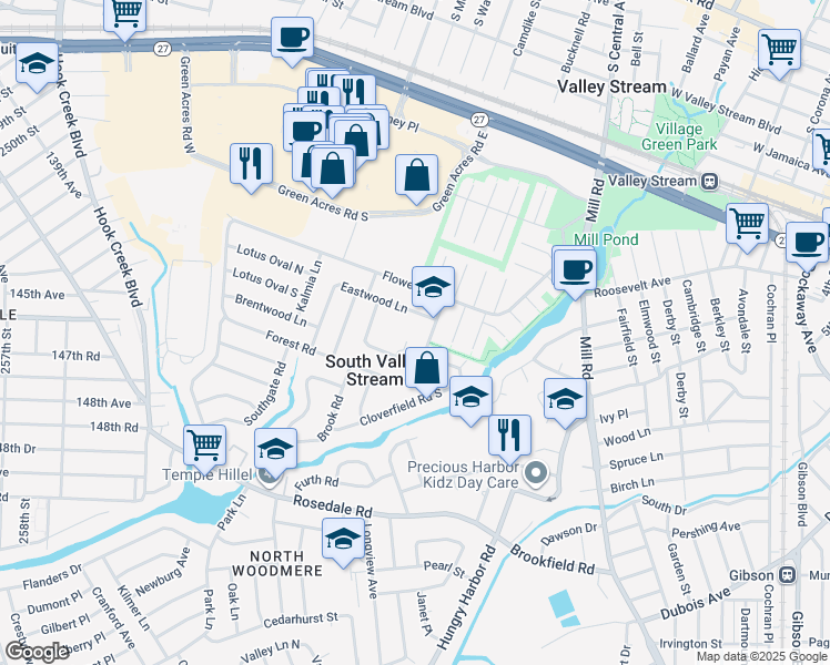 map of restaurants, bars, coffee shops, grocery stores, and more near 16 Forest Road in Valley Stream
