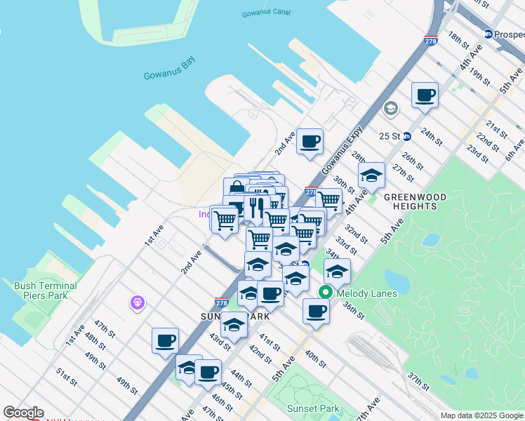 map of restaurants, bars, coffee shops, grocery stores, and more near 581 2nd Avenue in Brooklyn
