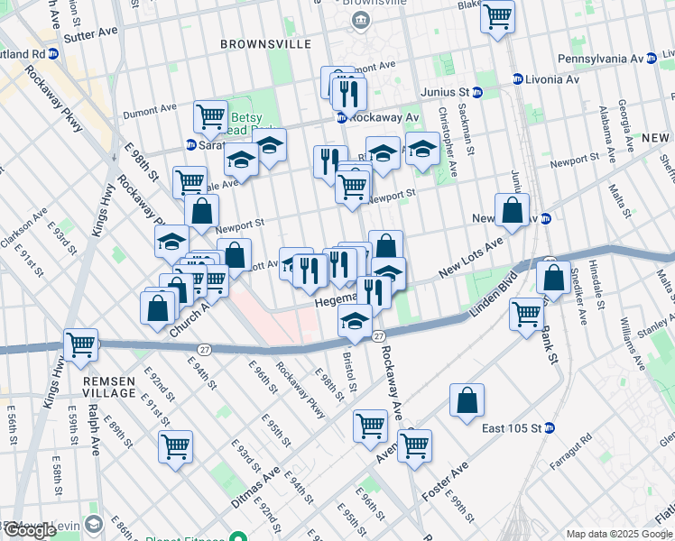 map of restaurants, bars, coffee shops, grocery stores, and more near 567 Bristol Street in Brooklyn