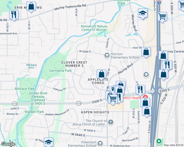 map of restaurants, bars, coffee shops, grocery stores, and more near 5189 Gravenstein Park in Murray
