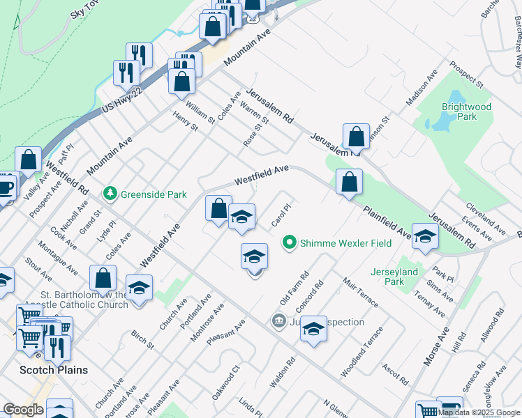 map of restaurants, bars, coffee shops, grocery stores, and more near 2343 Monica Place in Scotch Plains
