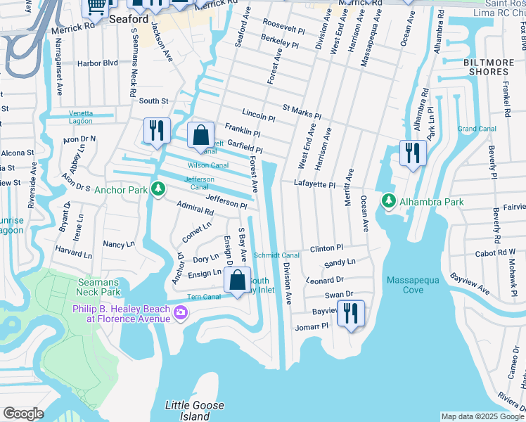 map of restaurants, bars, coffee shops, grocery stores, and more near 121 Forest Avenue in Massapequa