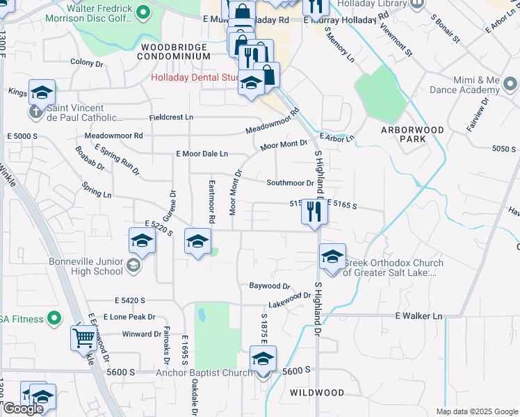map of restaurants, bars, coffee shops, grocery stores, and more near 1872 East 5150 South in Holladay