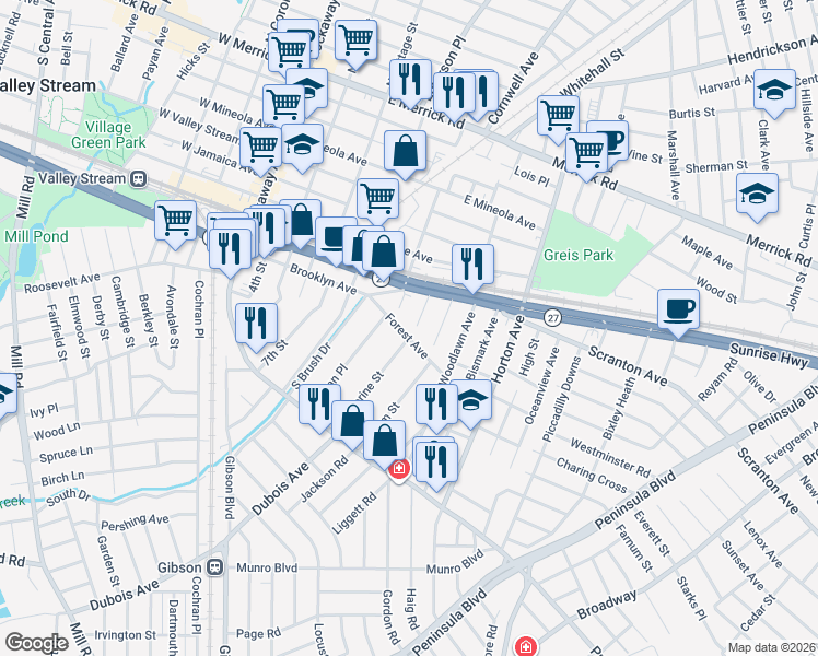 map of restaurants, bars, coffee shops, grocery stores, and more near 29 Forest Avenue in Valley Stream