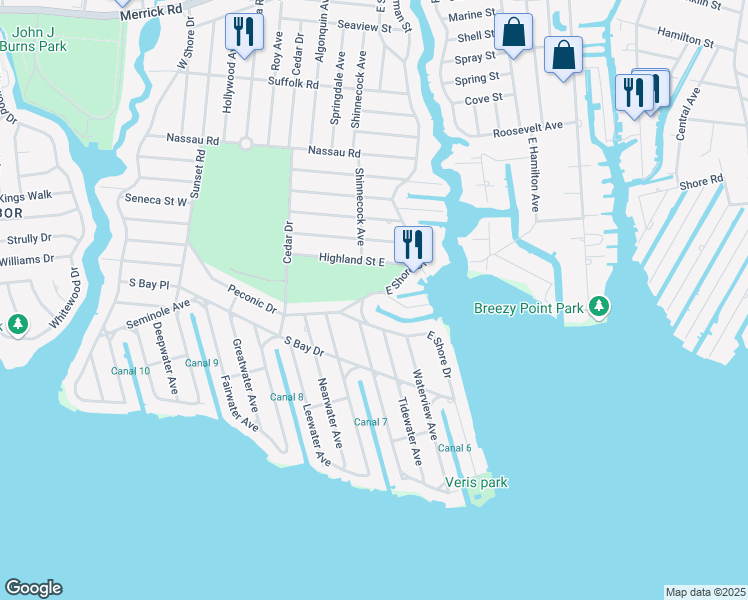 map of restaurants, bars, coffee shops, grocery stores, and more near 216 East Shore Drive in Massapequa