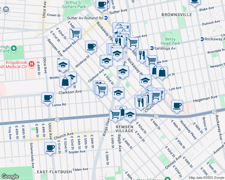 map of restaurants, bars, coffee shops, grocery stores, and more near 9201 Kings Highway in Brooklyn