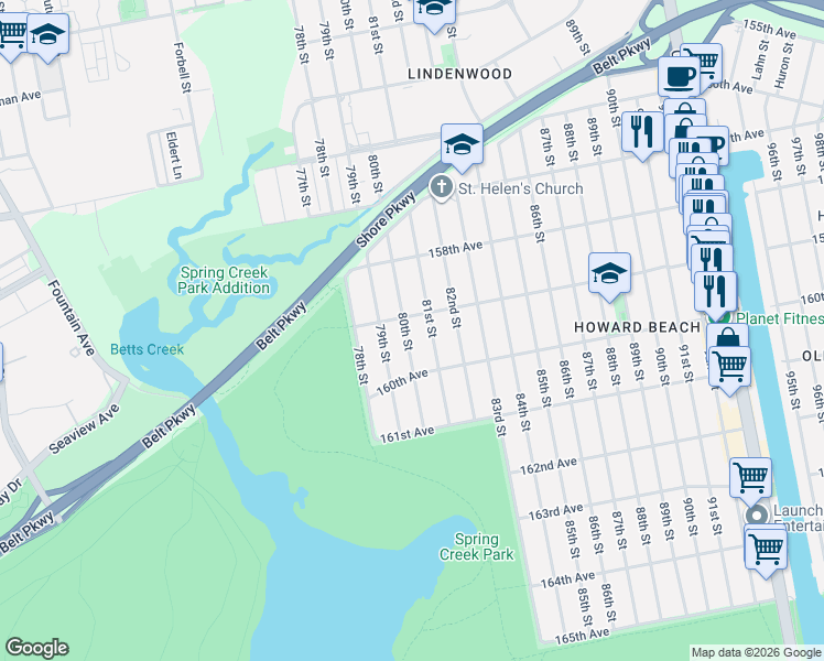 map of restaurants, bars, coffee shops, grocery stores, and more near 158-52 80th Street in Queens