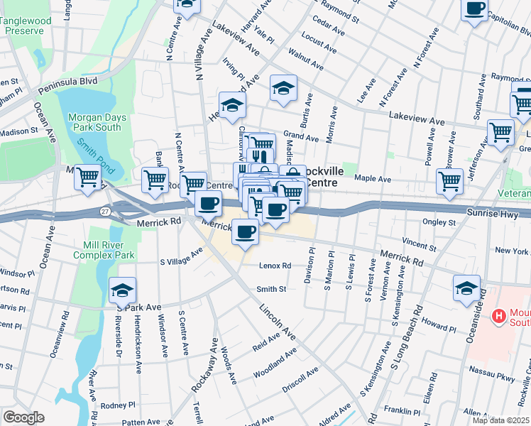 map of restaurants, bars, coffee shops, grocery stores, and more near 279A Sunrise Highway in Rockville Centre