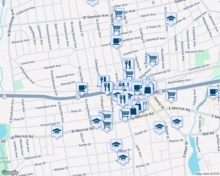 map of restaurants, bars, coffee shops, grocery stores, and more near 3 South Ocean Avenue in Freeport