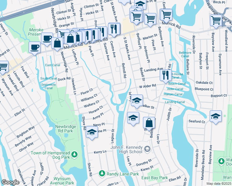 map of restaurants, bars, coffee shops, grocery stores, and more near 2679 Centre Avenue in Bellmore