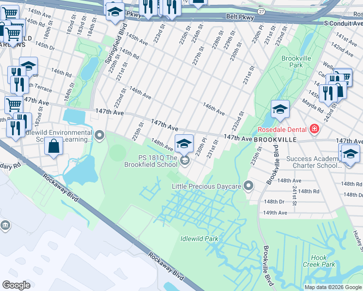 map of restaurants, bars, coffee shops, grocery stores, and more near 147-41 229th Street in Queens