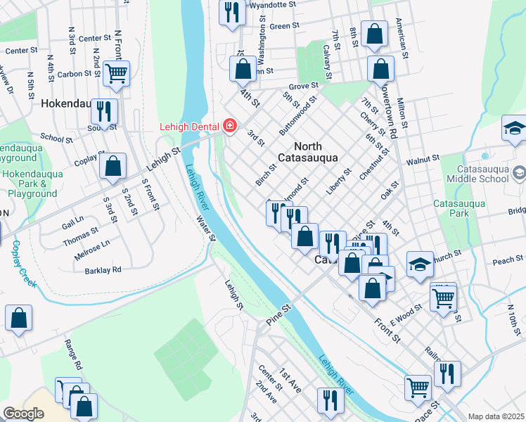 map of restaurants, bars, coffee shops, grocery stores, and more near 1021 Front Street in Catasauqua