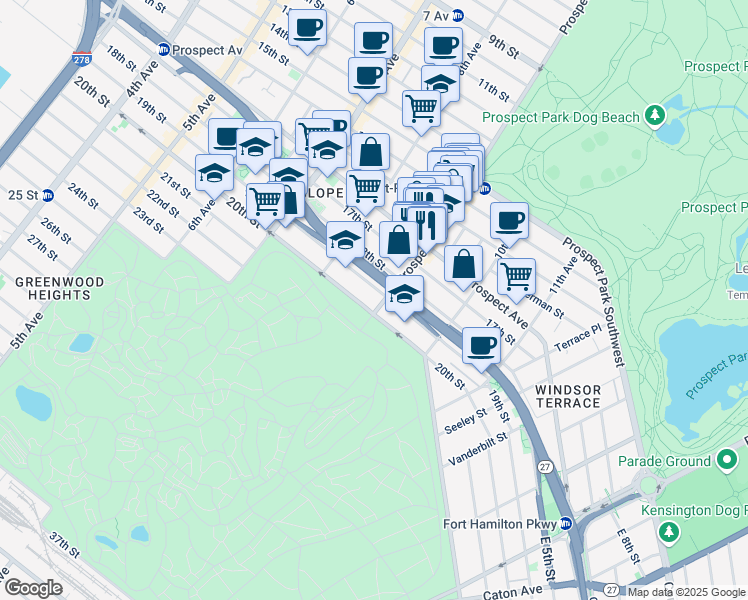 map of restaurants, bars, coffee shops, grocery stores, and more near 310 Prospect Park West in Brooklyn