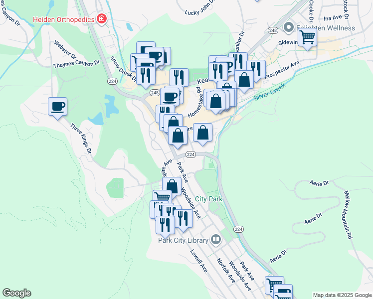 map of restaurants, bars, coffee shops, grocery stores, and more near 1637 Shortline Road in Park City