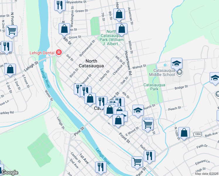 map of restaurants, bars, coffee shops, grocery stores, and more near 330 Walnut Street in Catasauqua