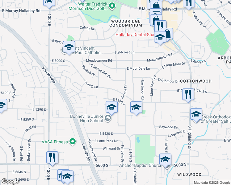 map of restaurants, bars, coffee shops, grocery stores, and more near 1663 Spring Lane in Holladay