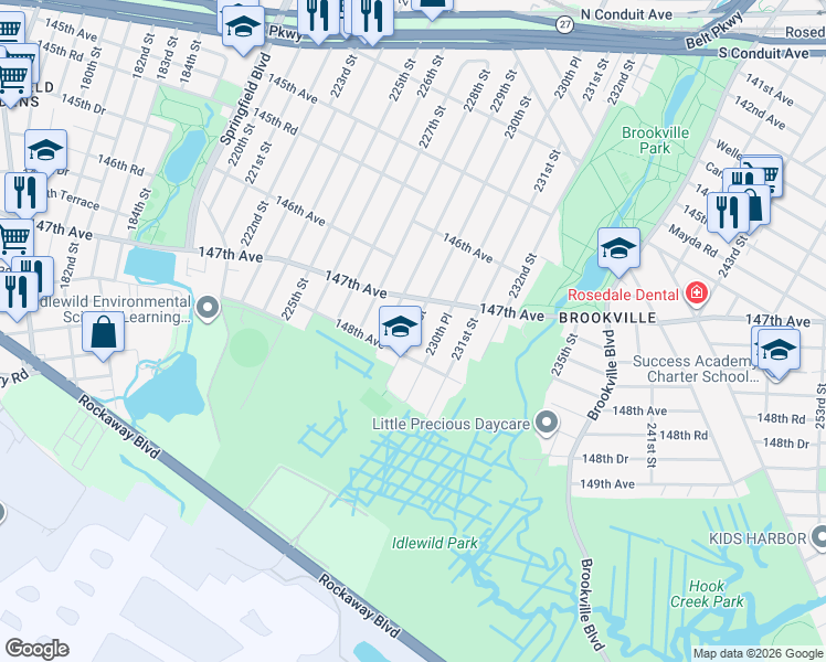 map of restaurants, bars, coffee shops, grocery stores, and more near 147-11 230th Street in Queens