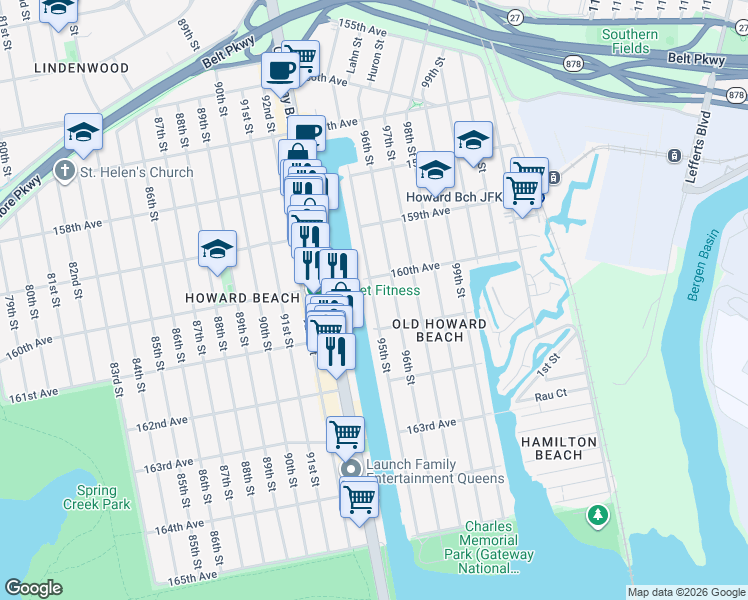 map of restaurants, bars, coffee shops, grocery stores, and more near 160-08 95th Street in Queens