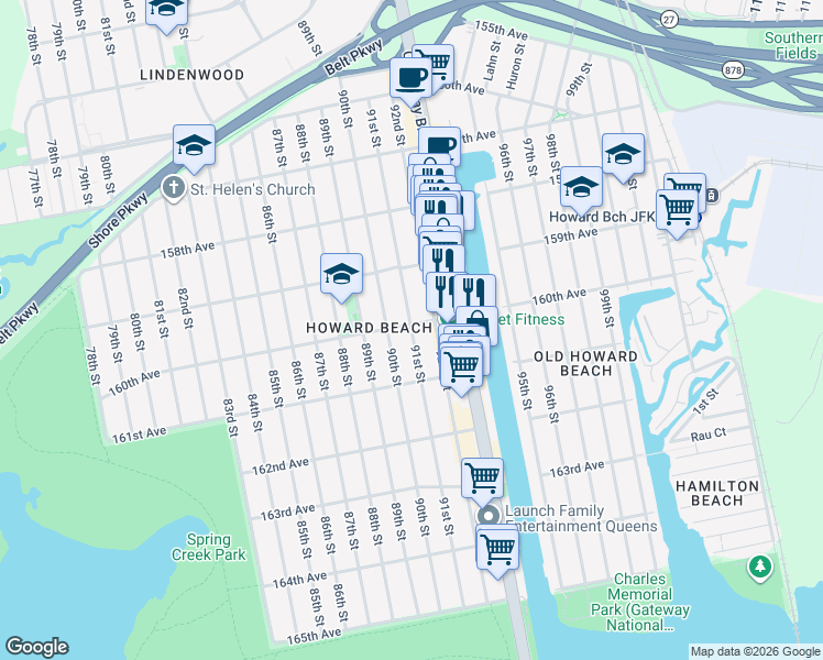 map of restaurants, bars, coffee shops, grocery stores, and more near 159-43 90th Street in Queens