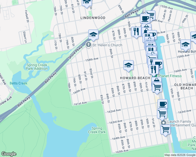 map of restaurants, bars, coffee shops, grocery stores, and more near 159-08 83rd Street in Queens