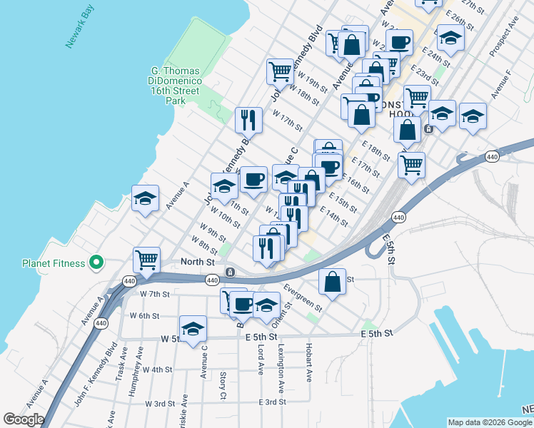 map of restaurants, bars, coffee shops, grocery stores, and more near in Bayonne