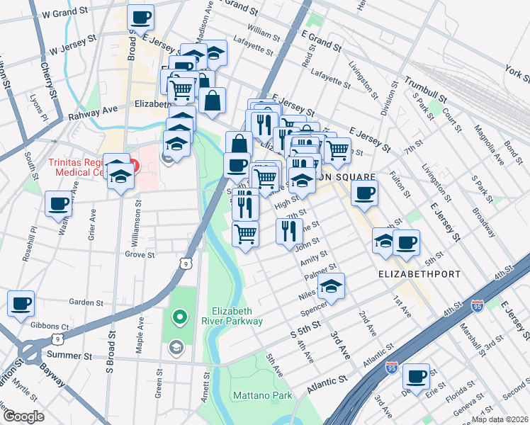 map of restaurants, bars, coffee shops, grocery stores, and more near 804 3rd Avenue in Elizabeth