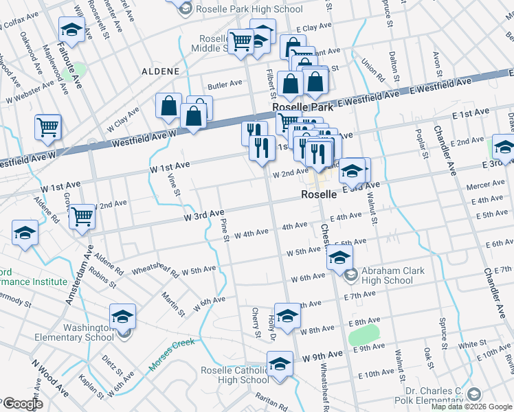 map of restaurants, bars, coffee shops, grocery stores, and more near 224 Locust Street in Roselle