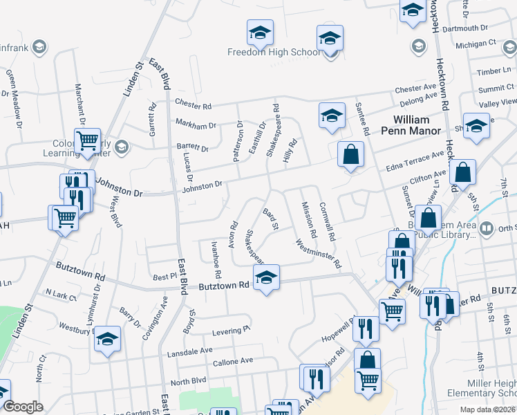 map of restaurants, bars, coffee shops, grocery stores, and more near 3092 Shakespeare Road in Bethlehem