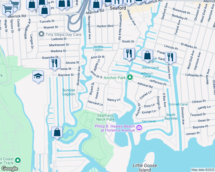 map of restaurants, bars, coffee shops, grocery stores, and more near 2569 South Seamans Neck Road in Seaford