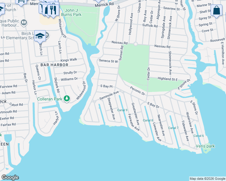 map of restaurants, bars, coffee shops, grocery stores, and more near 3 South Bay Drive in Massapequa