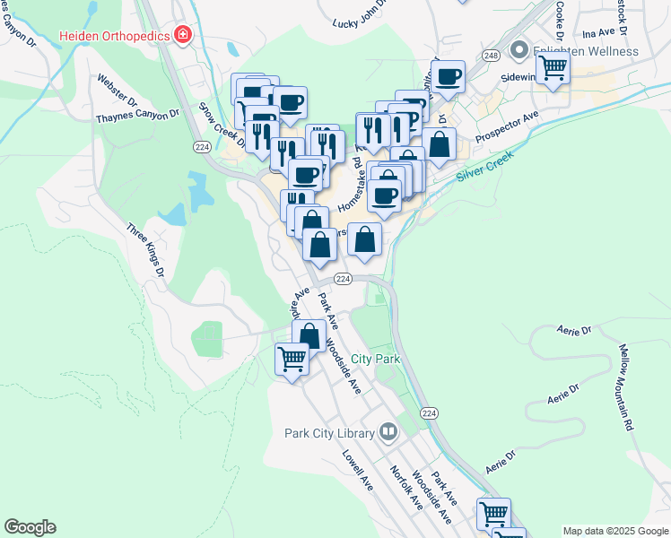 map of restaurants, bars, coffee shops, grocery stores, and more near 1637 Shortline Road in Park City