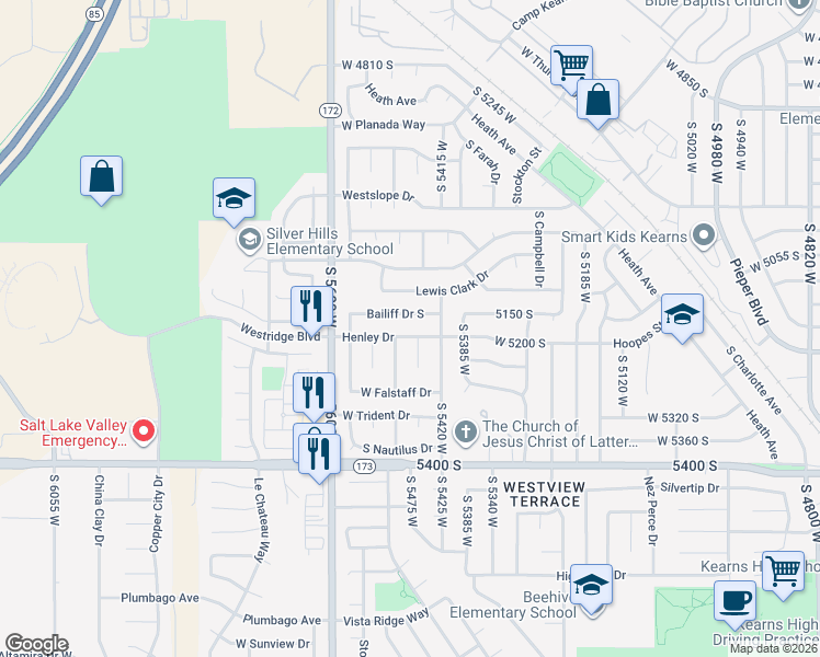 map of restaurants, bars, coffee shops, grocery stores, and more near 5465 Bailiff Drive South in Kearns