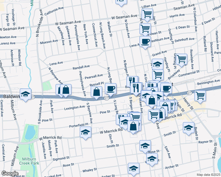 map of restaurants, bars, coffee shops, grocery stores, and more near 7 Russell Place in Freeport
