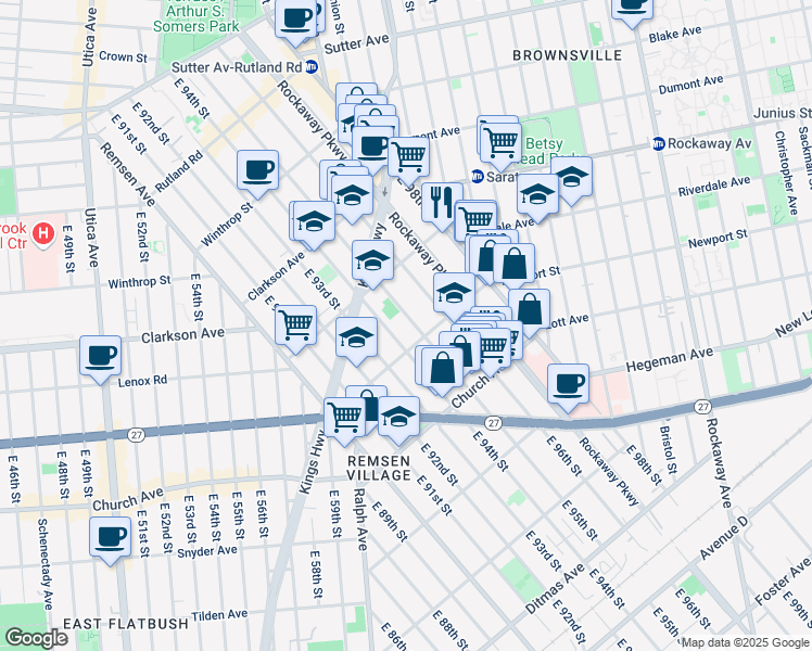 map of restaurants, bars, coffee shops, grocery stores, and more near 399 East 95th Street in Brooklyn