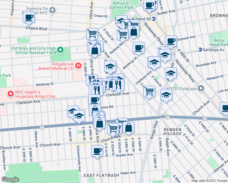 map of restaurants, bars, coffee shops, grocery stores, and more near 133 Clarkson Avenue in Brooklyn