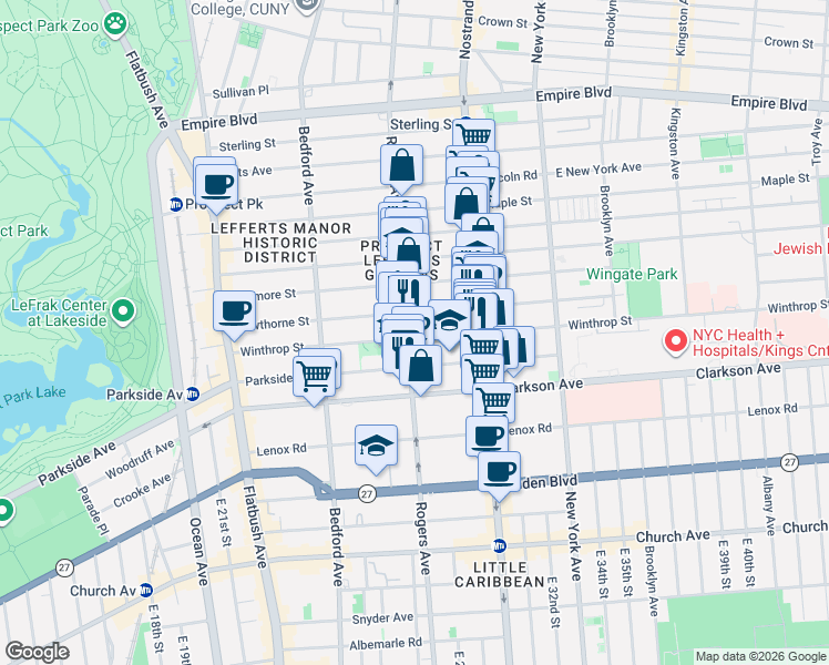 map of restaurants, bars, coffee shops, grocery stores, and more near 583 Rogers Avenue in Brooklyn