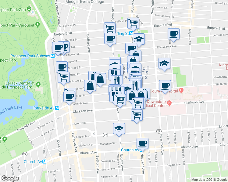 map of restaurants, bars, coffee shops, grocery stores, and more near 583 Rogers Avenue in Brooklyn