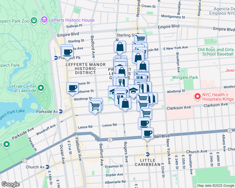 map of restaurants, bars, coffee shops, grocery stores, and more near 583 Rogers Avenue in Brooklyn