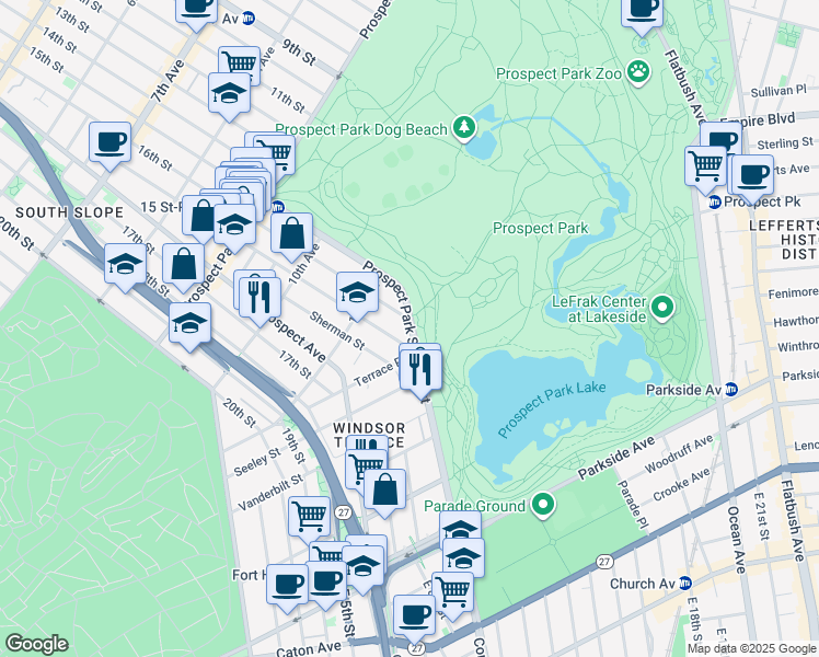 map of restaurants, bars, coffee shops, grocery stores, and more near 105 Prospect Park Southwest in Brooklyn