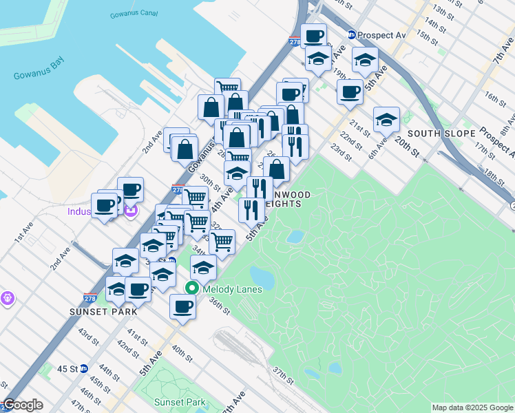 map of restaurants, bars, coffee shops, grocery stores, and more near 192 29th Street in Brooklyn
