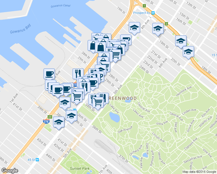 map of restaurants, bars, coffee shops, grocery stores, and more near 192 29th Street in Brooklyn