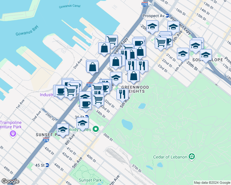 map of restaurants, bars, coffee shops, grocery stores, and more near 192 29th Street in Brooklyn