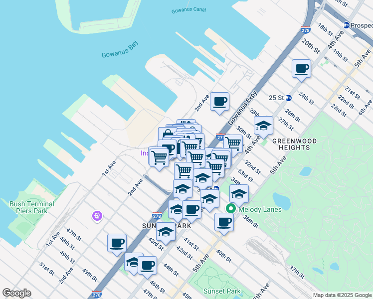 map of restaurants, bars, coffee shops, grocery stores, and more near 68 34th Street in Brooklyn
