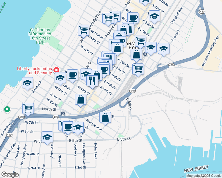 map of restaurants, bars, coffee shops, grocery stores, and more near 22 East 15th Street in Bayonne