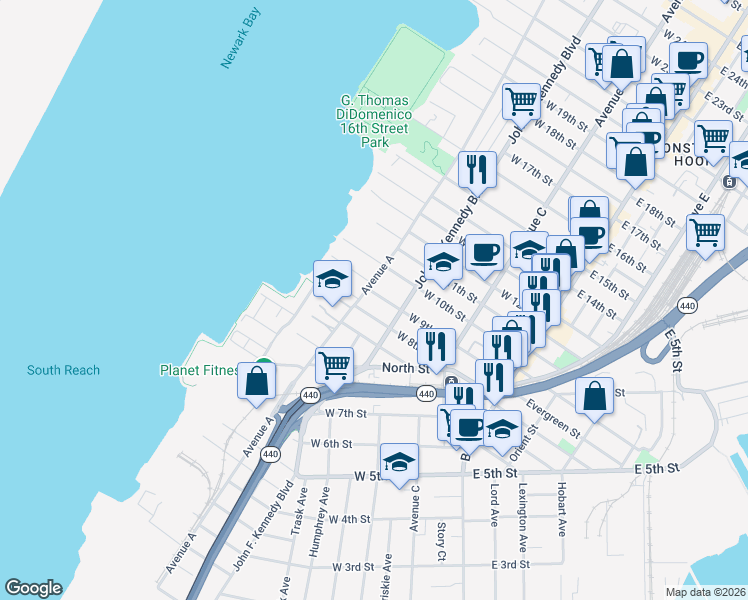 map of restaurants, bars, coffee shops, grocery stores, and more near 125 West 9th Street in Bayonne