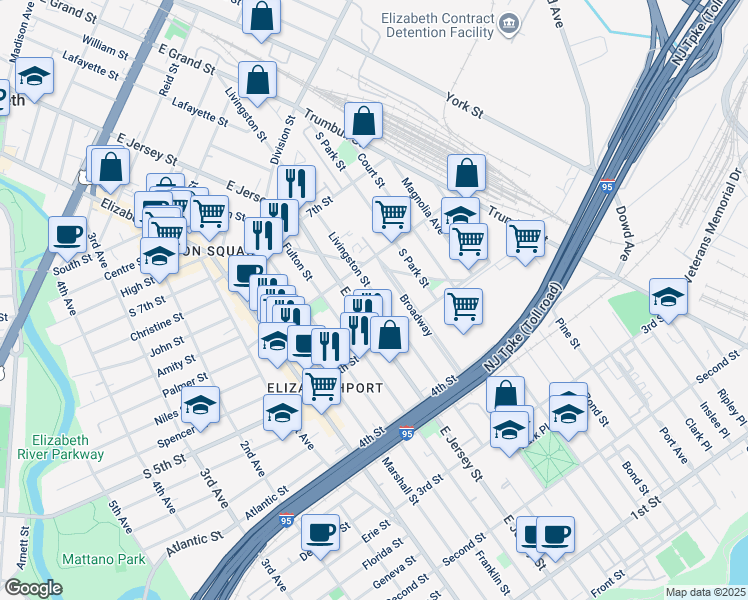 map of restaurants, bars, coffee shops, grocery stores, and more near 548 Livingston Street in Elizabeth