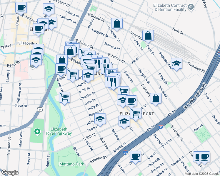 map of restaurants, bars, coffee shops, grocery stores, and more near 648 1st Avenue in Elizabeth