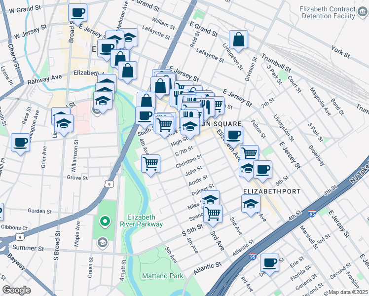 map of restaurants, bars, coffee shops, grocery stores, and more near 214 High Street in Elizabeth