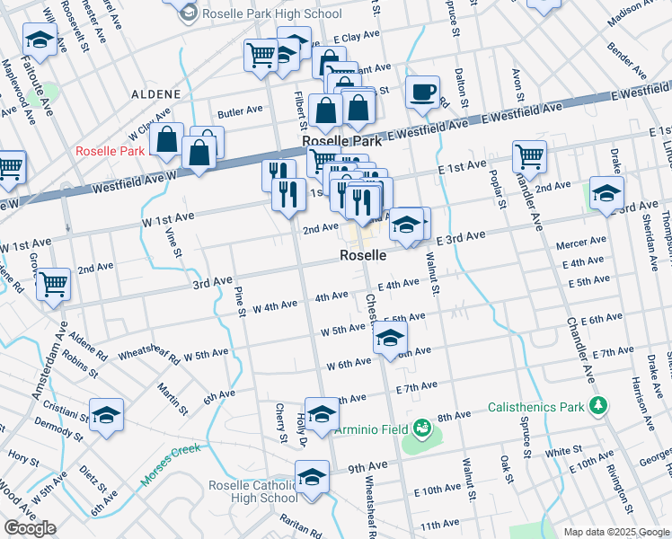 map of restaurants, bars, coffee shops, grocery stores, and more near 142 West 3rd Avenue in Roselle
