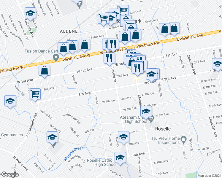 map of restaurants, bars, coffee shops, grocery stores, and more near 224 Locust Street in Roselle